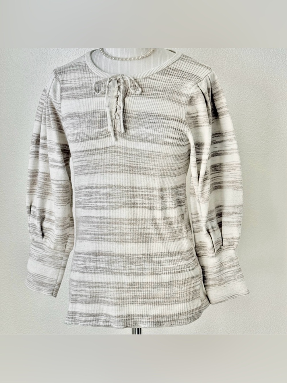 Knox Rose Lace Up Puff Sleeve Ribbed Knit Sweater Cream Beige Striped Top